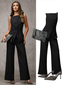 SHEIN BAE Bộ đồ đi làm thanh lịch cổ tròn màu trơn một hàng khuy cho nữ, quần áo mùa hè mùa thu cho nữ, bộ đồ công sở, trang phục công sở thường ngày cho nữ, trang phục hai mảnh cho nữ, bộ đồ công sở mùa thu cho nữ, bộ đồ cho nữ, áo khoác cho nữ - màu đen - Xem 7