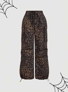 SHEIN MOD Pantalón cargo con estampado de leopardo, pantalón casual recto para mujeres