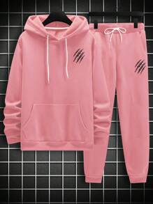 Manfinity EMRG 2pcs Men's Casual Slogan Print Hoodie Sweatshirt And Sweatpants Tracksuits, Autumn Winter, Men Pink Co Ords, Pink Men Outfit, Men Hoodie And Pants Set