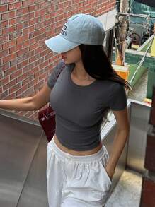 DAZY 女士休闲纯色修身短袖 T 恤，夏季 - 深灰色 - 查看 6