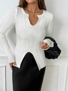 Chiquease Women's Solid Color V-Neck Long Sleeve Split Hem Pullover Sweater, Autumn & Winter, Knit Pullover Fall - White - View 6