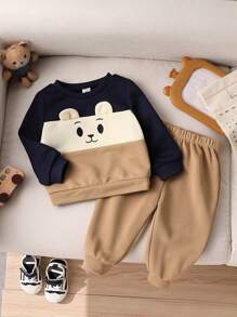 SHEIN Bộ 2 quần áo liền quần in họa tiết tai dễ thương thoải mái cho bé trai/bé gái, phù hợp mặc hàng ngày, mặc ở nhà, đi chơi, tiệc mừng em bé - Cà phê nâu - Xem 6