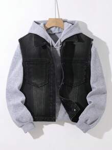 SHEIN 青少年男孩时尚休闲黑色牛仔布内衬，更加保暖，羊毛内衬无袖牛仔背心，适合日常穿着和秋冬季儿童服装 - 黑色 - 查看 6