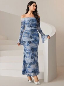 Modelyn Women Off-Shoulder Long Sleeve Allover Print Casual Dress Long Evening Dresses