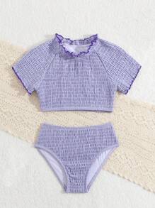 Young Girl Summer Beach Halter Crop Top & Triangle Bikini Set - Mauve Purple - View 6