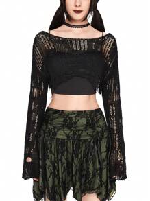 ROMWE Fairycore Women's Solid Color Dropped Shoulder Long Sleeve Cropped Distressed Sweater, Autumn/Winter