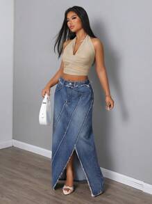 SHEIN SXY Váy chữ A denim xẻ tà tua rua đơn giản cho nữ - Màu xanh lam - Xem 5