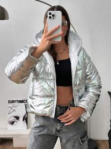 EURMUSE Silver Bright Fabric Puffer Hooded Winter Coat - Silver - View 1