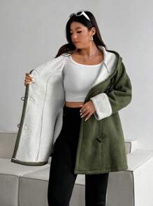 Flirla Faux Horn Button Fuzzy Hooded Coat In Plus Size - Army Green - View 5