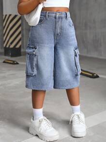 SHEIN Jeans cargo con tasche a patta e effetto delavato in stile Retro Y2K per ragazze pre-adolescenti, pantaloncini di lunghezza lunga, abbigliamento autunnale per ragazze, outfit per il ritorno a scuola