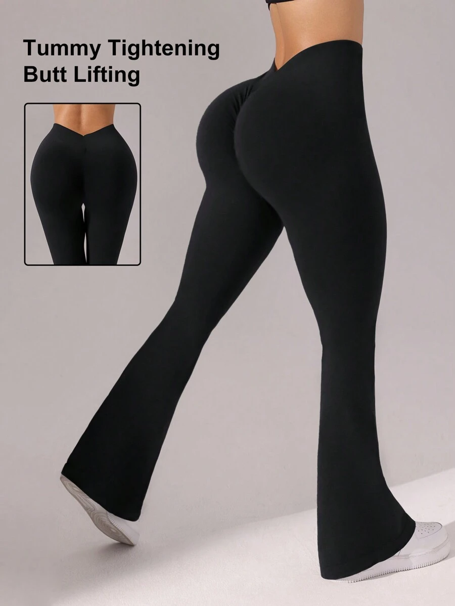 SHEIN Sports Quần thể thao thường ngày loe cạp bất đối xứng màu trơn cho nữ - màu đen - Xem 1