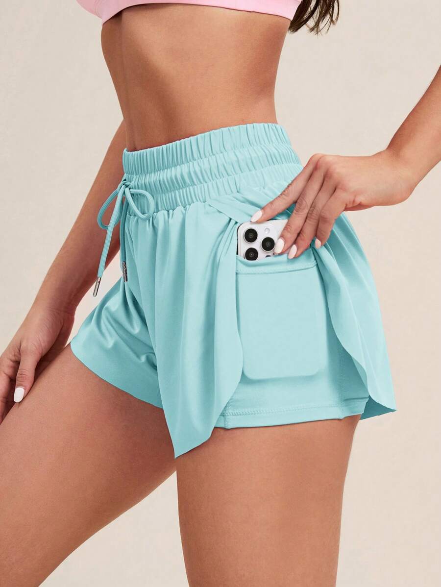 SHEIN Sovereign Charm 女士抽绳腰部手机口袋运动短裤舒适短裤 - 淺藍色 - 查看 1
