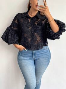 SHEIN Privé Áo sơ mi họa tiết cắt khoét cỡ lớn cho nữ, hàng mới về cho mùa thu trở lại trường - màu đen - Xem 8