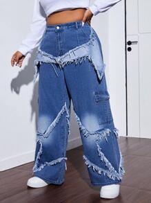 SHEIN EZwear 大码前扣磨边下摆拼布口袋休闲男友风牛仔裤 - 中等水洗藍 - 查看 3
