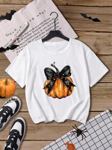 女童休闲圆领针织印花 T 恤 - 白色 - 查看 1