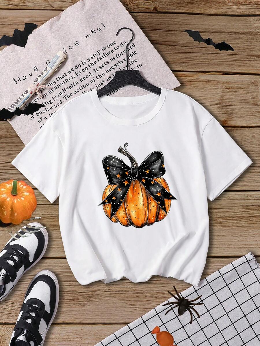 女童休闲圆领针织印花 T 恤 - 白色 - 查看 1