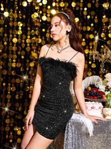 SHEIN Girlism Vestido de baile de lantejoulas pretas para adolescentes, elegante, glamoroso, com bainha peluda, adequado para encontros, reuniões, festas, festivais, ano novo