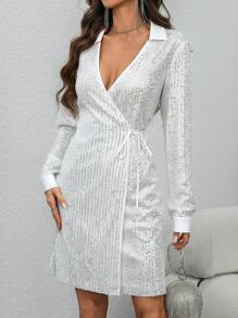 SHEIN Clasi Đầm ngắn thắt nút cổ trễ lấp lánh dự tiệc cho nữ - Bạc - Xem 4