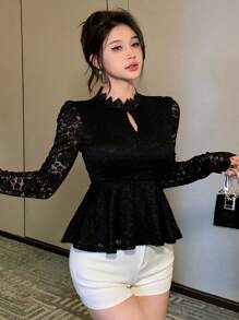 DAZY Women Lace Ruffle Trim Long Sleeve Top Going Out Tops,Fall Clothes Turtleneck Women - Black - View 6