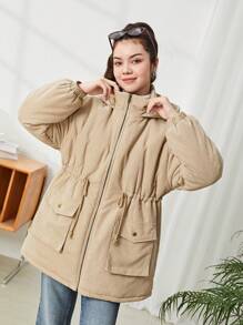 SHEIN 青少年女孩纯色加厚袋装连帽休闲棉服外套 - 卡其色 - 查看 8