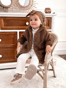 SHEIN 3 件套女婴韩式秋冬装，长袖 T 恤、裤子、毛绒夹克 - 彩色 - 查看 4