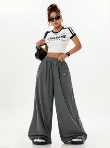Coolane Pantalones anchos de pierna ancha de unicolor, con efecto textural, cintura caída, estilo casual y holgado para mujer