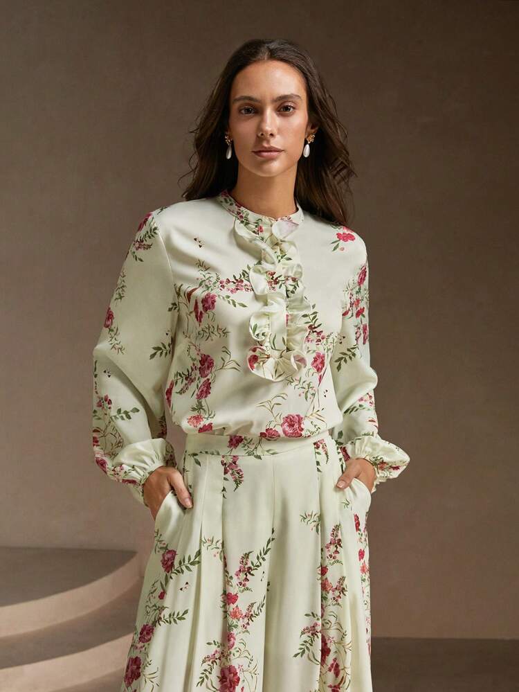White Ruffled Colorful Floral Retro French Romantic Gentle Blouse For Women
