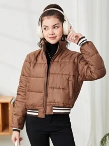 SHEIN Áo khoác đệm ngắn thường ngày màu tương phản cổ đứng có gân màu nâu cho bé gái tuổi teen - màu nâu - Xem 3