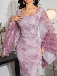 Modelyn Vestido maxi elegante de manga larga para fiesta y eventos, con mangas abullonadas, efecto tie-dye y patchwork, con falda de estilo sirena y tela de malla 3D
