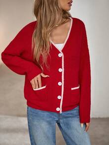 Women's Casual Loose Cardigan With Dropped Shoulders, Long Sleeves, Autumn/Winter - Red - View 4