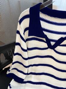 GlowEve CURVE Plus Size Color Block Striped Knitted Top, Spring & Autumn - Blue - View 6