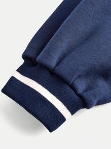 SHEIN Teen Girls  Knit Printed Color Block Fleece Trim Sports Cropped Jacket - Navy Blue - View 6