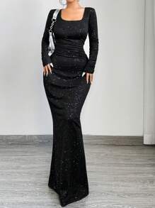 SHEIN SXY Plus Size Solid Color Pleated V-Neck Long Sleeve Dress Party Dress - Black - View 3