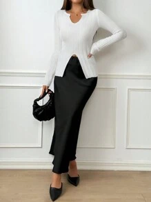 Chiquease Women's Solid Color V-Neck Long Sleeve Split Hem Pullover Sweater, Autumn & Winter, Knit Pullover Fall - White - View 4