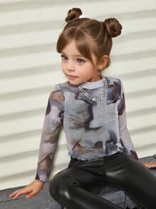 SHEIN Leap Crew Young Girl 2pcs/Sets  Tie Dye Mock Neck Lettuce Trim Sheer  Knit Mesh Tee & Cami Top ,Cool Young Girl - Multicolor - View 1