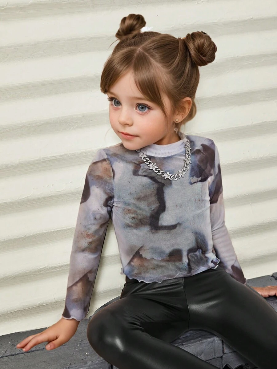 SHEIN Leap Crew Young Girl 2pcs/Sets  Tie Dye Mock Neck Lettuce Trim Sheer  Knit Mesh Tee & Cami Top ,Cool Young Girl - Multicolor - View 1