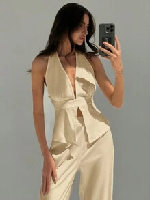 Aloruh 优雅性感深 V 露背白色腰部修身背心和阔腿裤套装 - 卡其色 - 查看 7