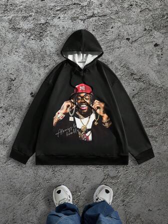 Manfinity Roughcore Sudadera con capucha de manga larga con estampado gráfico para hombre de talla grande, uso diario casual