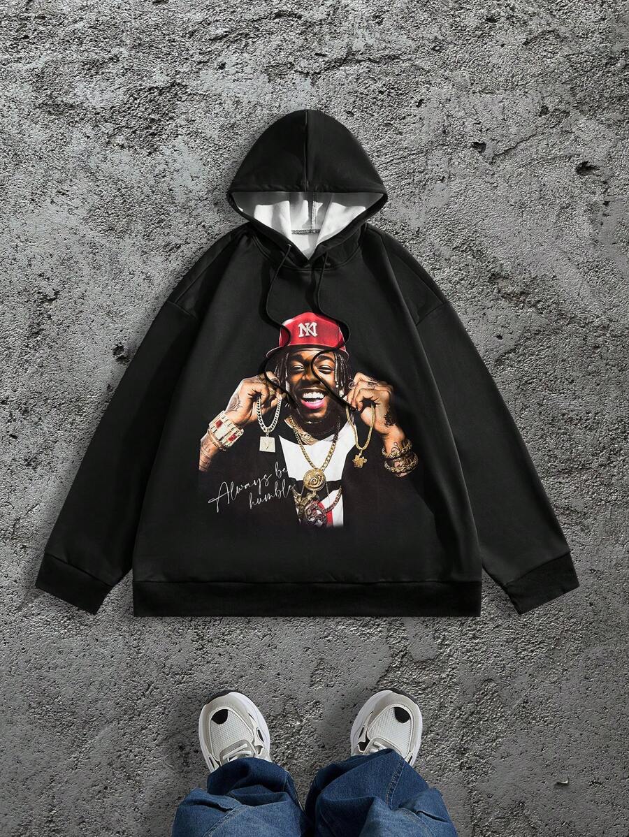 Manfinity LEGND Sudadera con capucha de manga larga con estampado gráfico para hombre de talla grande, uso diario casual - Negro - Ver 1