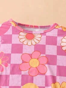 2pcs Floral Checkerboard Print Round Neck Long Sleeve Ruffle Blouse And Pants Casual Outfit For Young Girl, Spring Autumn - Hot Pink - View 4