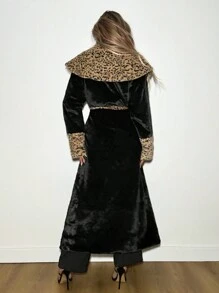 SHEIN ICON Leopard Print Lapel Patchwork Extra Long Fluffy Coat - Black - View 4