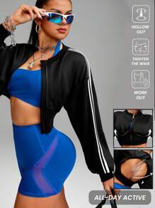 Innovista Innovista Women Black And White Striped Striped Trim Jacket,Autumn Workout Athleisure Cropped Jacket,Bust Ruching Backless Shake Hoodie,Utilitarian Chic Gym - Black - View 4