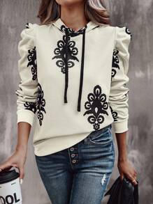 SHEIN LUNE 女士印花休闲抽绳连帽卫衣，春秋季套头衫 - 杏色 - 查看 1