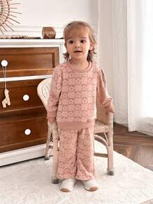 SHEIN 2 件套女婴花卉提花长袖上衣和裤子套装，春秋 - 粉色 - 查看 6