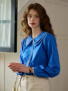 Simple Retro Áo sơ mi thường ngày ve kép ren Clashing dành cho nữ - Màu xanh lam - Xem 6