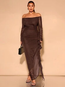 SHEIN BAE Vestido largo y ajustado elegante para fiesta con hombros descubiertos, volantes y pliegues en la Bottom, de estilo romántico y fluido, para mujer de talla grande en color verde - Café integral - Ver 6