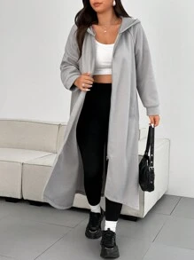 Flirla 大码 2024 春秋女式灰色连帽拉链长款休闲夹克带侧袋 - 灰色 - 查看 5