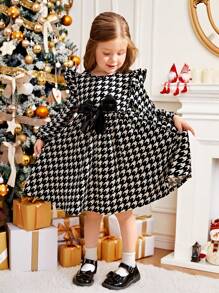 Leap Crew SHEIN Young Girl Fall/Winter Christmas  Elegant Houndstooth Print Bow Front Dress - Black and White - View 6