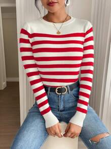 SHEIN Frenchy Women's Round Neck Long Sleeve Striped Minimalist Sweater, Casual Everyday