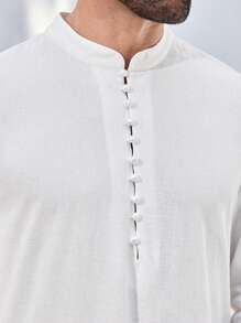Manfinity Homme Men's White Stand Collar Partial Button Front Long Sleeve Shirt - White - View 2